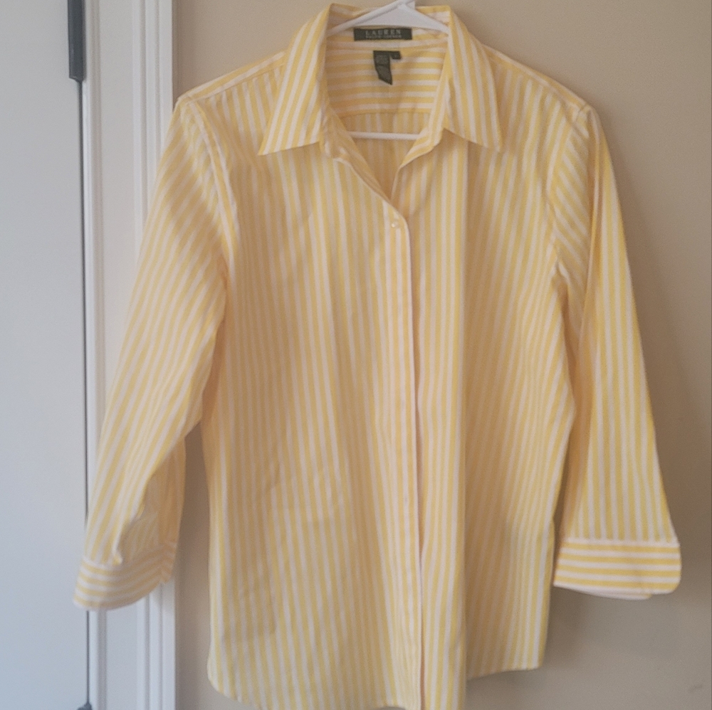 NWOT Ralph Lauren Striped Yellow White Quarter Sleeve Cotton Buttoned Shirt